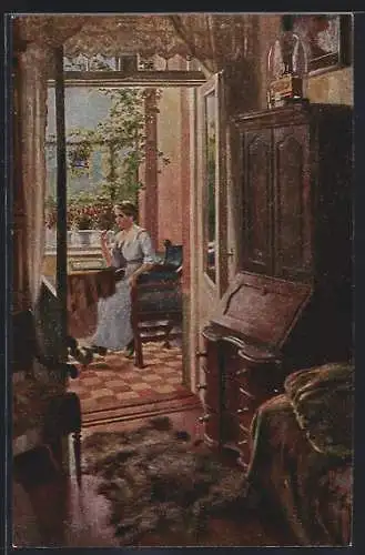 Künstler-AK sign. H. Wolff: Schwieriger Anfang, Frau sitzt am Tisch