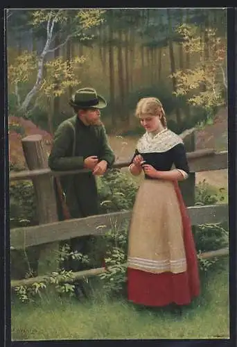 Künstler-AK sign. Adolf Hering: Jäger und Frau stehen am Zaun
