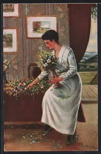 Künstler-AK sign. Heckendorp: Junge Frau mit Feldblumen