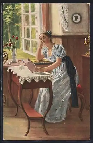 Künstler-AK sign. R. de Witt: Fräulein mit einer lieben Erinnerung