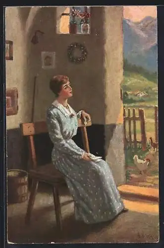 Künstler-AK sign. R. de Witt: Junge Frau in Sehnsuchtsträumen