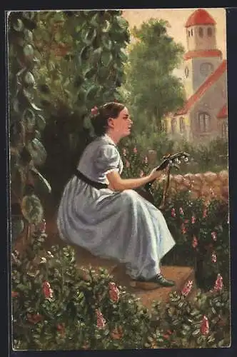 Künstler-AK sign. R. de Witt: Frau mit Gitarre an einem Festmorgen