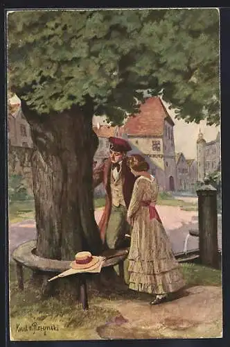 Künstler-AK sign. K. v. Rozynski: Student und Frau am Brunnen vor dem Tore