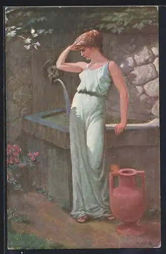 Künstler-AK sign. T. Kroj: Frau am Brunnen hält Ausschau