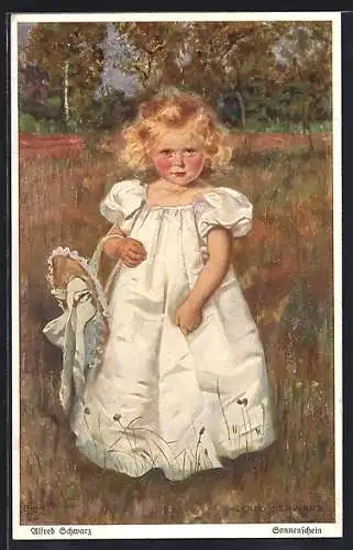 Künstler-AK Wohlgemuth & Lissner, Primus-Postkarte No. 3314, Sonnenschein, blondes Mädchen im weissen Kleid