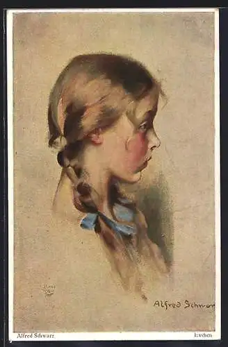 Künstler-AK Wohlgemuth & Lissner, Primus-Postkarte No. 5054, Evchen, Mädchen mit blonden Zopfen und blauen Haarschleifen