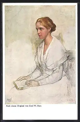 Künstler-AK Wohlgemuth & Lissner, Primus-Postkarte No.6017: Junge Frau mit Buch in der Hand