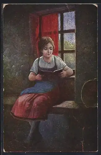 Künstler-AK sign. F. Lehr: Frau liest ihren ersten Roman