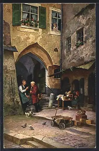 Künstler-AK sign. Jos. Frank: Älterer Mann erfährt die Stadtneuigkeiten