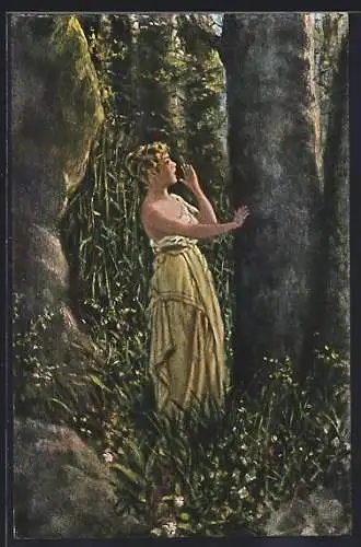 Künstler-AK sign. R. de Witt: Das Echo, Frau ruft in den Wald