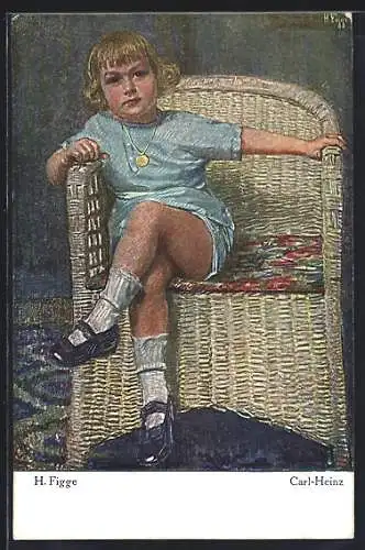 Künstler-AK sign. H. Figge: Carl-Heinz sitzt im Korbstuhl