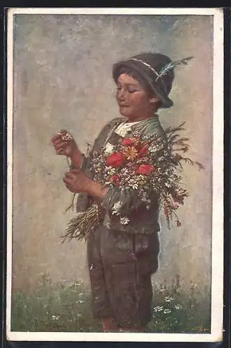 Künstler-AK sign. M. Budinski: Junge in Tracht mit Blumen