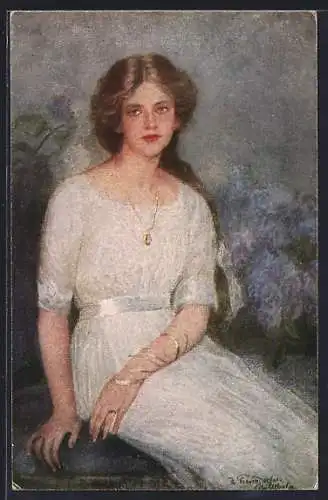 Künstler-AK sign. v. Frauendorfer-Mühlthaler: Junge Dame in einer Träumerei