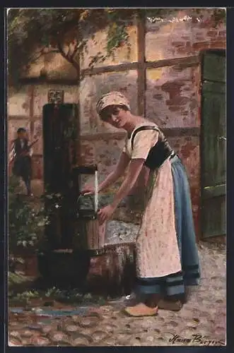 Künstler-AK sign. H. Berger: Holländerin schöpft am Brunnen Wasser