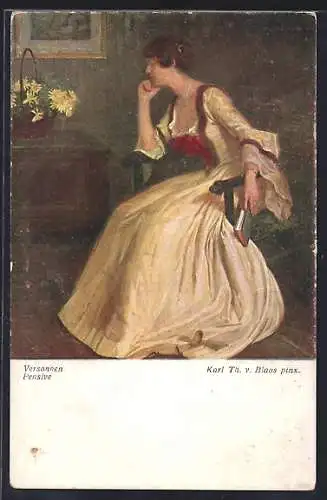Künstler-AK sign. Karl Th. v. Blaas: Nachdenkliche Frau im Kleid