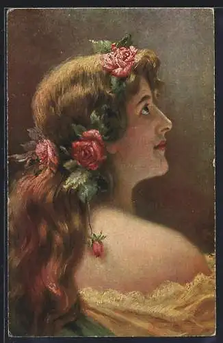 Künstler-AK Seitliches Portrait einer jungen Frau mit Blumen im Haar