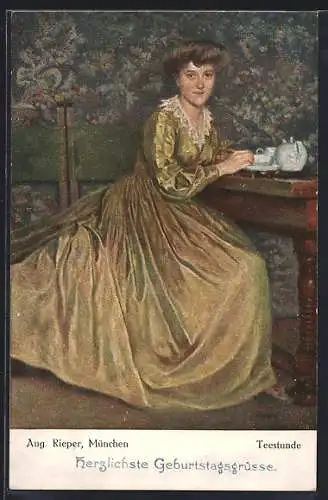 Künstler-AK sign. Aug. Rieper: Frau bei einer Teestunde