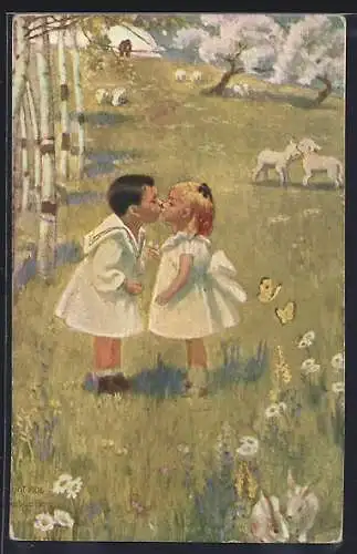 Künstler-AK sign. Sigsbee: Kinderparr küsst sich im Frühling
