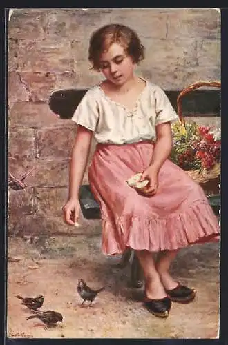 Künstler-AK sign. Chretien-Colombe: Mädchen füttert die Vögel