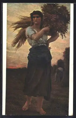 Künstler-AK sign. J. Breton: Ährenleserin am Abend