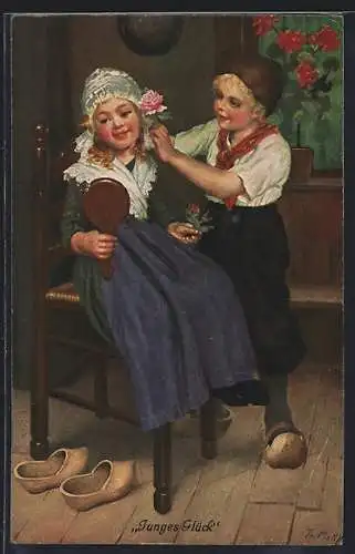 Künstler-AK sign. Th. Mattei: Junges Glück, Junge steckt Mädchen eine Blume an