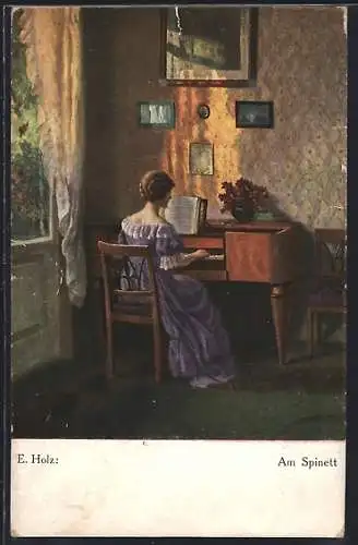 Künstler-AK Frau am Spinett