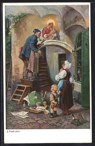 Künstler-AK Maler malt ein Marienbild an eine Hauswand, Mutter mit Kind, Spielzeug