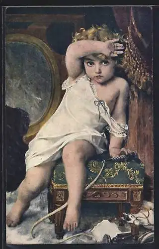 Künstler-AK sign. E. Munier: Die Angst, Kind sitzt auf einem Hocker