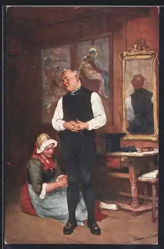 Künstler-AK sign. M. Schmid: Gefällige Häuserin, Dienstmädchen näht Hose eines Mannes
