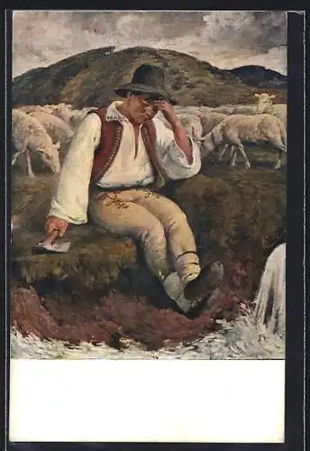 Künstler-AK sign. S. B. Bartos: Schafhirte sitzt auf der Weide