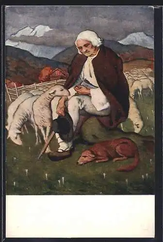 Künstler-AK sign. S. B. Bartos: Schafhirte mit seinen Schafen und Hund
