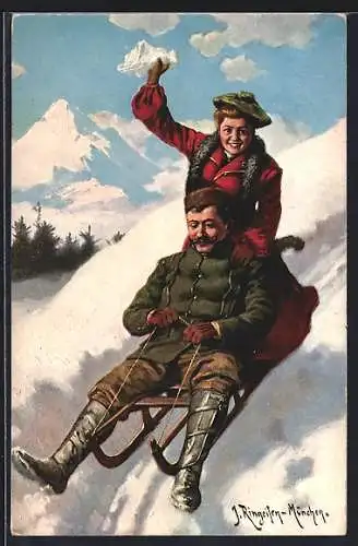 Künstler-AK sign. J. Ringeisen: Paar auf einem Schlitten im Schnee