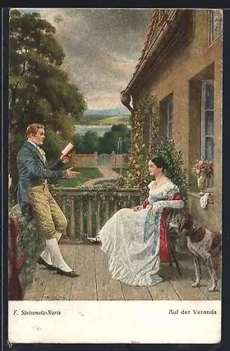 Künstler-AK sign. F. Steinmetz-Noris: Auf der Veranda, Paar mit Hund auf der Veranda