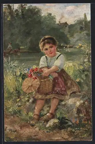 Künstler-AK sign. Rob. Völcker: Feldblümchen, Mädchen mit Blumen und Korb sitzt auf einem Stein