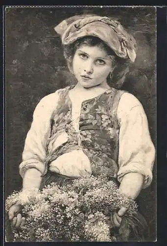 Künstler-AK sign. J. Robles: Florinda, Mädchen mit Blumen