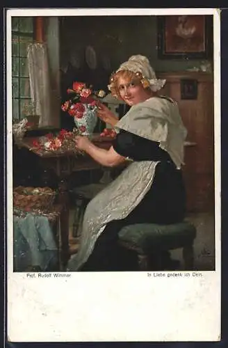 Künstler-AK sign. Prof. Rudolf Wimmer: In Liebe gedenk ich Dein, Frau mit einem Blumenstrauss