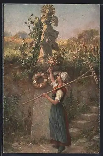 AK Bäuerin legt einen Blumenstrauss an der Madonna im Felde nieder