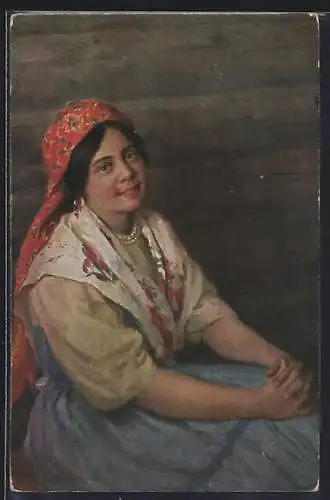 Künstler-AK sign. F. Sitschkoff: In Erwartung, Portrait einer Frau in traditioneller Kleidung