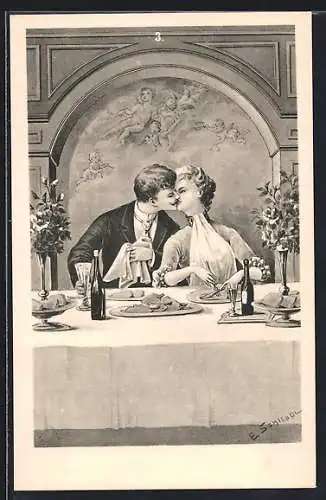 Künstler-AK sign. E. Schiendl: Paar küsst sich am Esstisch