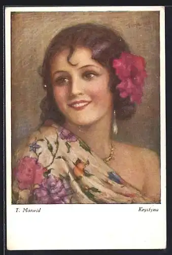 Künstler-AK sign. T. Marwid: Krystyna, Portrait einer Frau mit einer Blume in den Haaren