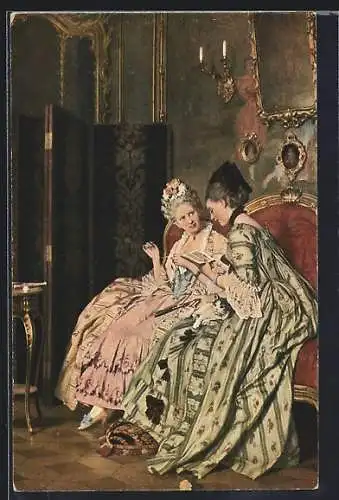 Künstler-AK sign. Jos. Scheurenberg: Amüsante Lektüre, Zwei Frauen lesen ein Buch