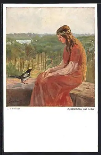 Künstler-AK sign. A. v. Volborth: Königstochter und Elster