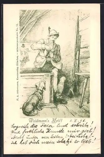 Künstler-AK sign. Defregger: Waidmann`s Heil!, Mann mit Hund