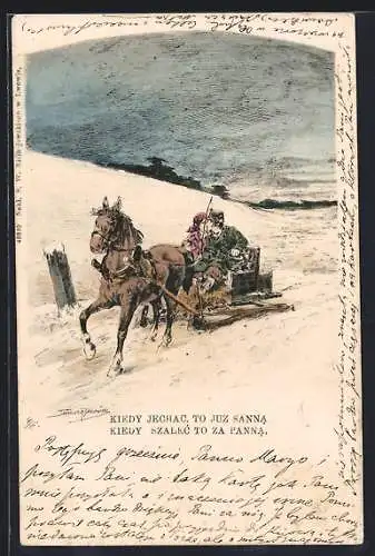 Künstler-AK sign. K. Dietrich: Paar auf einem Pferdeschlitten