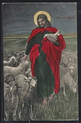 Künstler-AK sign. Jenny Niström: Den gode Hyrde, Jesus mit Schafherde