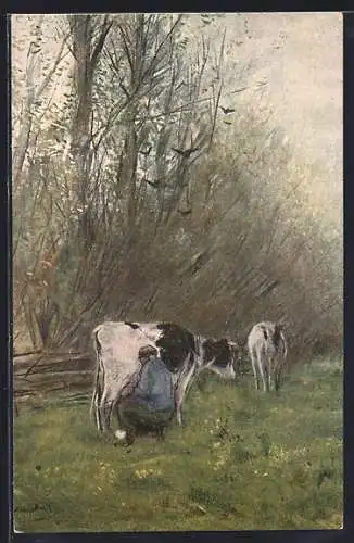 Künstler-AK sign. W. Maris: Sommer, Frau melkt Kuh