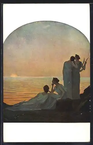 Künstler-AK sign. A. Osbert: Abend in Griechenland, Frauen sitzen am Wasser und beobachten den Sonnenuntergang