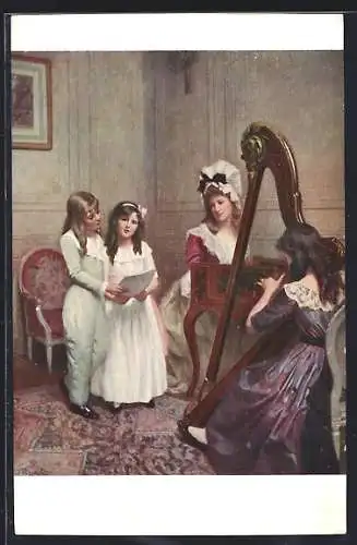 Künstler-AK sign. J. Philippar-Quinet: Kleines Konzert, Frauen und Kinder musizieren zusammen