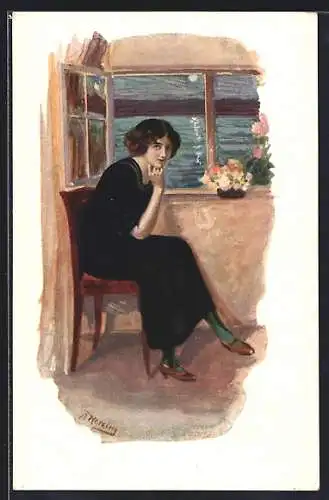 Künstler-AK sign. A. Herzing: Frau sitzt bei offenem Fenster