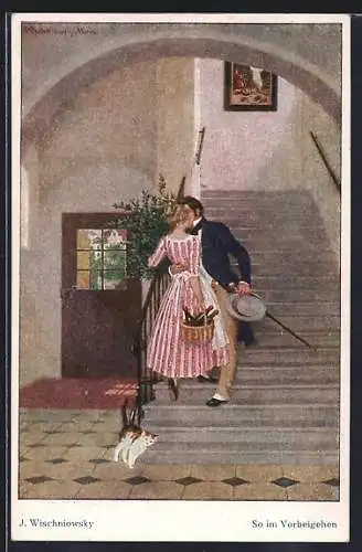 Künstler-AK sign. J. Wischniowsky: So im Vorbeigehen, Paar küsst sich auf der Treppe
